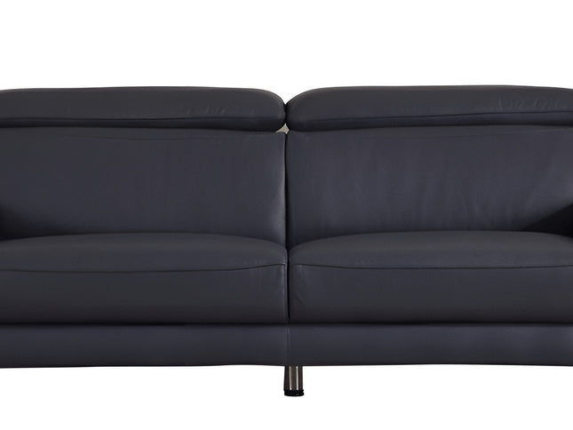 87" Blue Italian Leather Sofa With Silver Legs