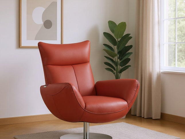 37" Red And Silver Genuine Leather Swivel Lounge Chair