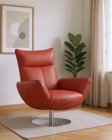 37" Red And Silver Genuine Leather Swivel Lounge Chair