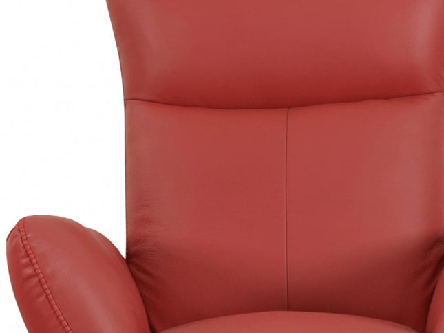 37" Red And Silver Genuine Leather Swivel Lounge Chair