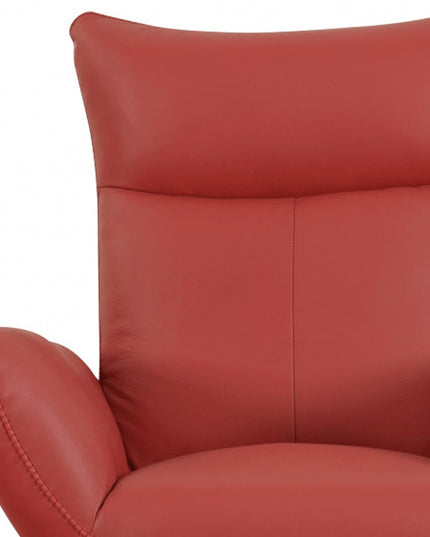 37" Red And Silver Genuine Leather Swivel Lounge Chair