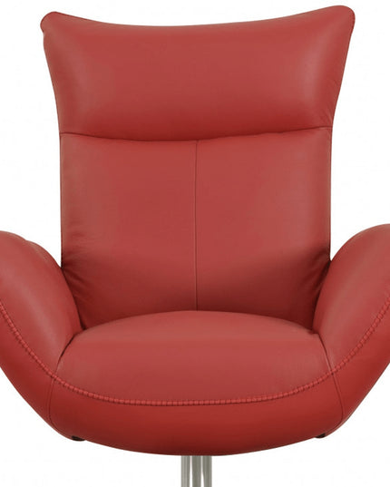37" Red And Silver Genuine Leather Swivel Lounge Chair