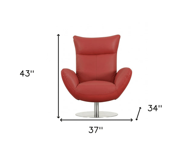 37" Red And Silver Genuine Leather Swivel Lounge Chair