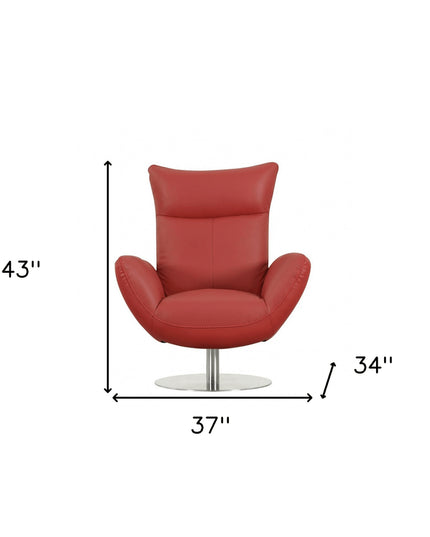 37" Red And Silver Genuine Leather Swivel Lounge Chair