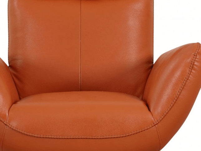 37" Orange And Silver Genuine Leather Lounge Chair