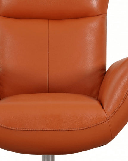 37" Orange And Silver Genuine Leather Lounge Chair