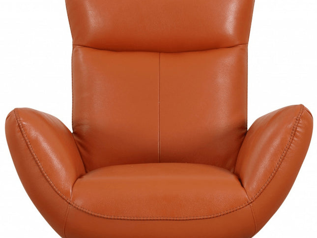 37" Orange And Silver Genuine Leather Lounge Chair