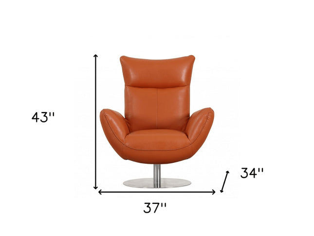 37" Orange And Silver Genuine Leather Lounge Chair