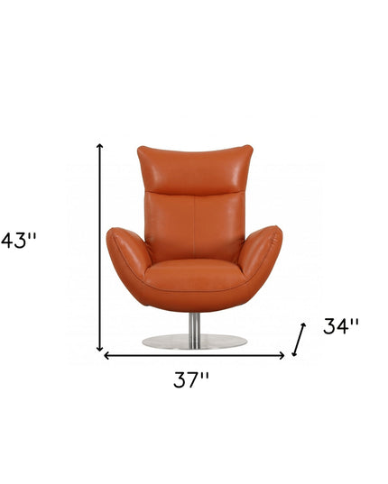 37" Orange And Silver Genuine Leather Lounge Chair