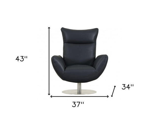 37" Blue And Silver Genuine Leather Lounge Chair