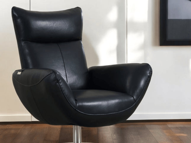 37" Black And Silver Genuine Leather Lounge Chair