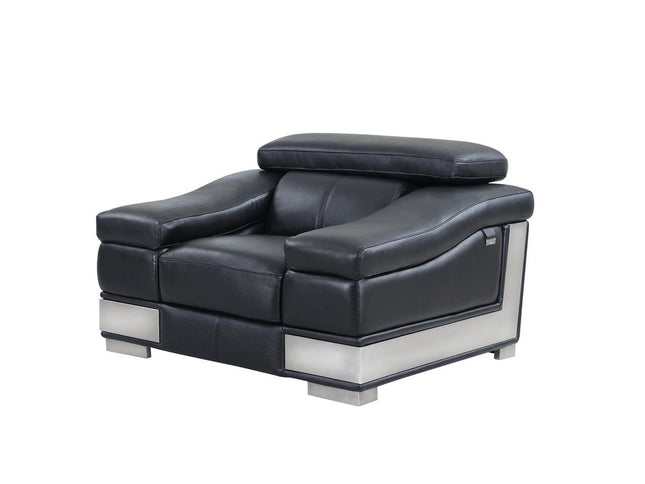 49" Black And Silver Genuine Leather Arm Chair
