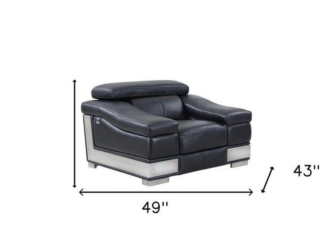 49" Black And Silver Genuine Leather Arm Chair