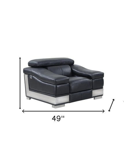 49" Black And Silver Genuine Leather Arm Chair