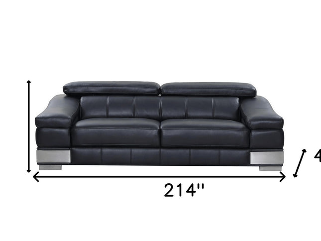 Three Piece Indoor Black Italian Leather Six Person Seating Set