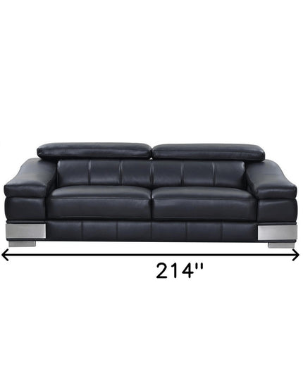 Three Piece Indoor Black Italian Leather Six Person Seating Set