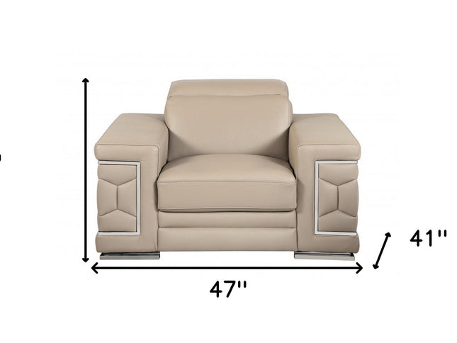 47" Beige And Silver Faux Leather Club Chair