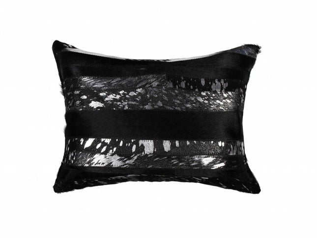 12" X 20" Black and Silver Cowhide Throw Pillow