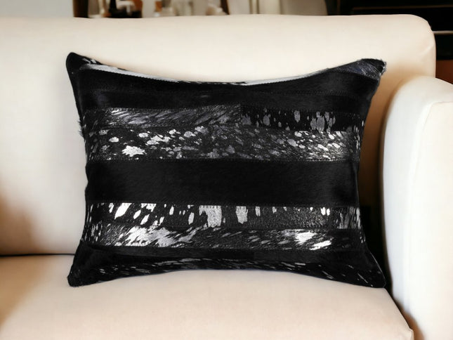 12" X 20" Black and Silver Cowhide Throw Pillow
