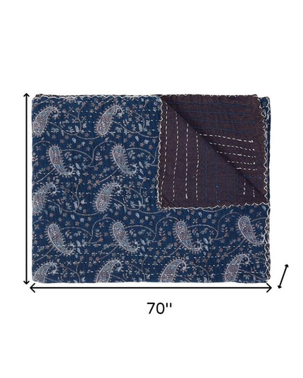 50" X 70" Blue and Gray Kantha Cotton Paisley Throw Blanket with Embroidery
