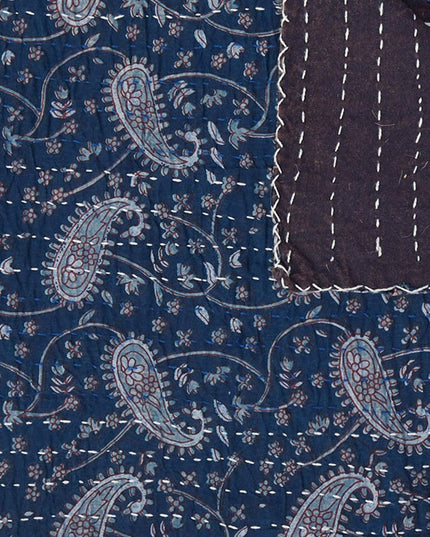 50" X 70" Blue and Gray Kantha Cotton Paisley Throw Blanket with Embroidery