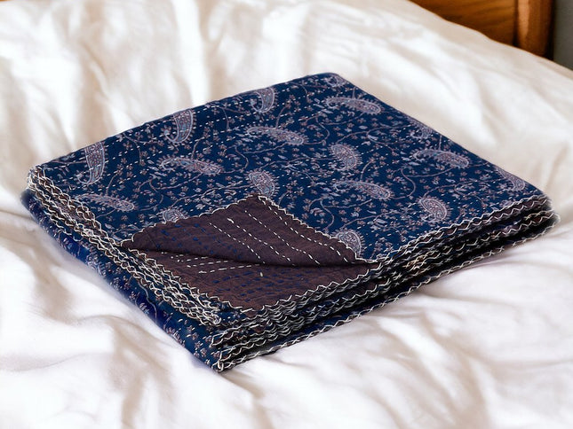 50" X 70" Blue and Gray Kantha Cotton Paisley Throw Blanket with Embroidery
