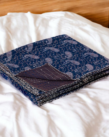 50" X 70" Blue and Gray Kantha Cotton Paisley Throw Blanket with Embroidery