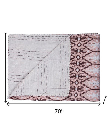 50" X 70" Pink and Brown Kantha Cotton Abstract Throw Blanket with Embroidery