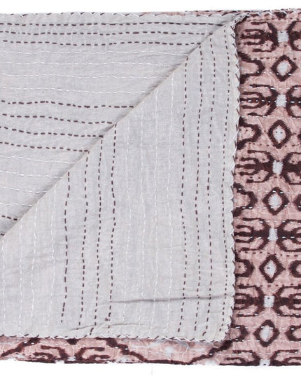 50" X 70" Pink and Brown Kantha Cotton Abstract Throw Blanket with Embroidery