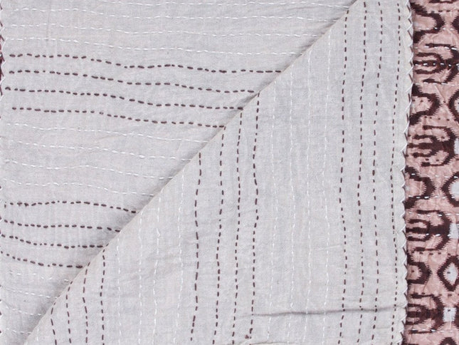 50" X 70" Pink and Brown Kantha Cotton Abstract Throw Blanket with Embroidery