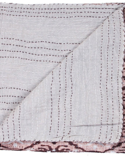 50" X 70" Pink and Brown Kantha Cotton Abstract Throw Blanket with Embroidery