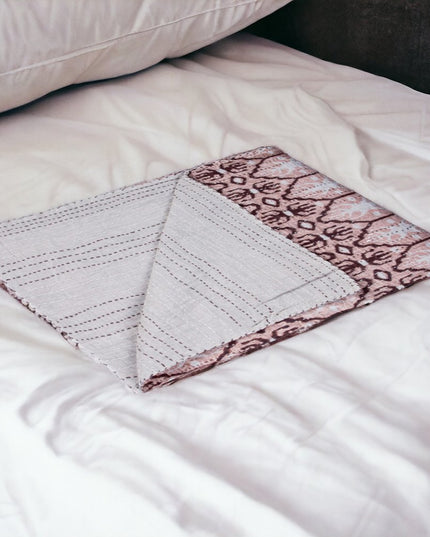 50" X 70" Pink and Brown Kantha Cotton Abstract Throw Blanket with Embroidery