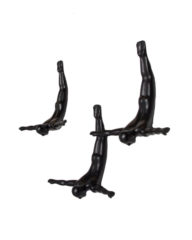 Set of Three Black Resin Diving Man Hanging Dimensional Sculpture