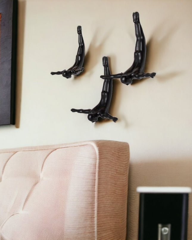 Set of Three Black Resin Diving Man Hanging Dimensional Sculpture