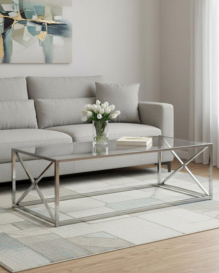 22" Clear And Silver Glass And Iron Coffee Table