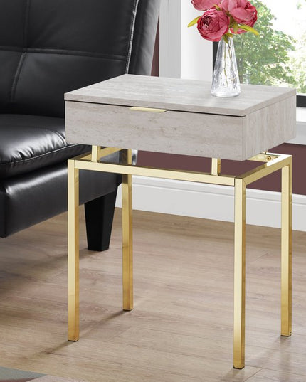 23" Gold And Beige Wood And Metal End Table With Drawer