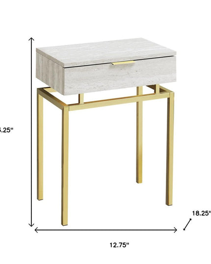 23" Gold And Beige Wood And Metal End Table With Drawer