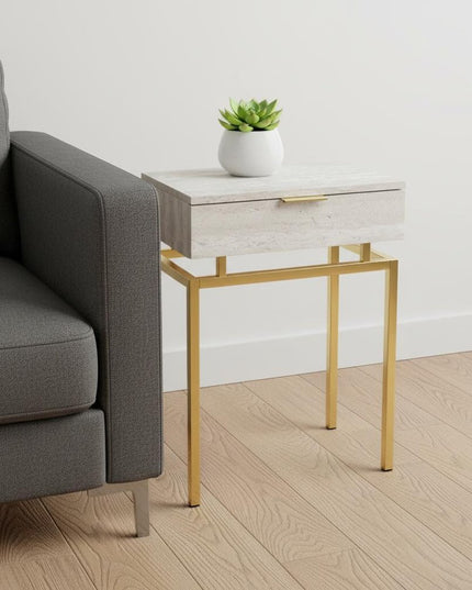 23" Gold And Beige Wood And Metal End Table With Drawer