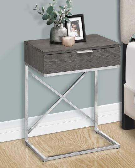 24" Silver And Gray Wood And Metal End Table With Drawer