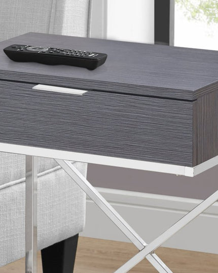 24" Silver And Gray Wood And Metal End Table With Drawer