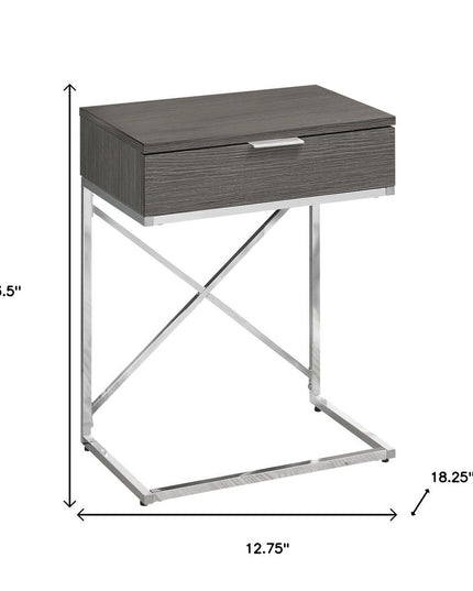 24" Silver And Gray Wood And Metal End Table With Drawer