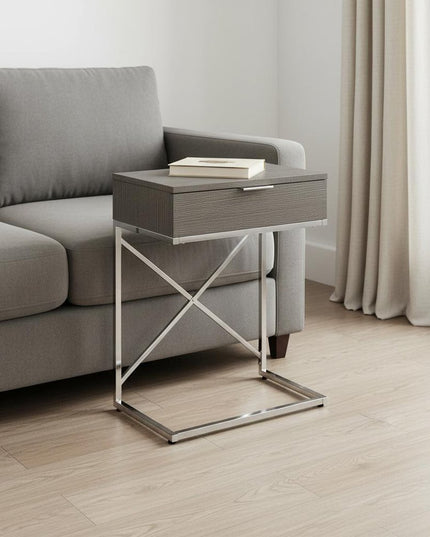 24" Silver And Gray Wood And Metal End Table With Drawer