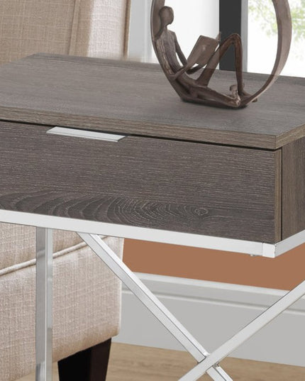 24" Silver And Gray Wood And Metal End Table With Drawer