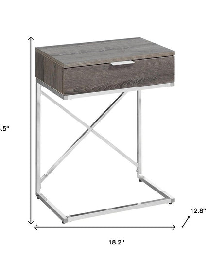 24" Silver And Gray Wood And Metal End Table With Drawer
