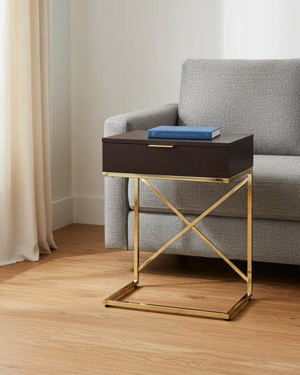 24" Gold And Black Wood And Metal End Table With Drawer