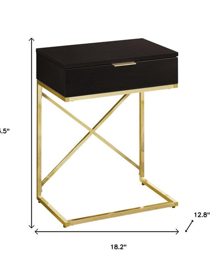 24" Gold And Black Wood And Metal End Table With Drawer