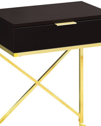 24" Gold And Black Wood And Metal End Table With Drawer
