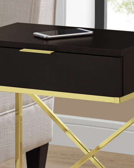 24" Gold And Black Wood And Metal End Table With Drawer