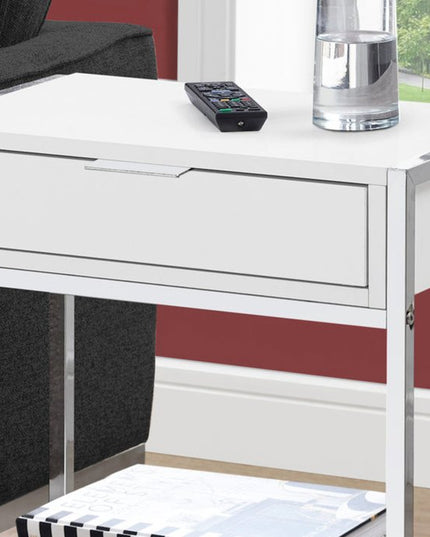 24" Silver And White Wood And Metal End Table With Drawer And Shelf