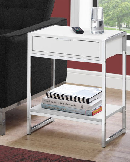 24" Silver And White Wood And Metal End Table With Drawer And Shelf